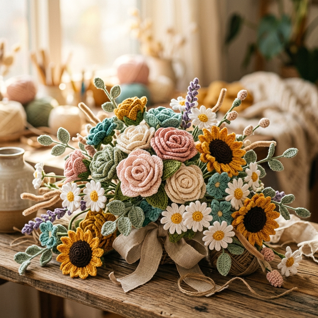 Beautiful crochet and pipe flower arrangements by PetalLoops